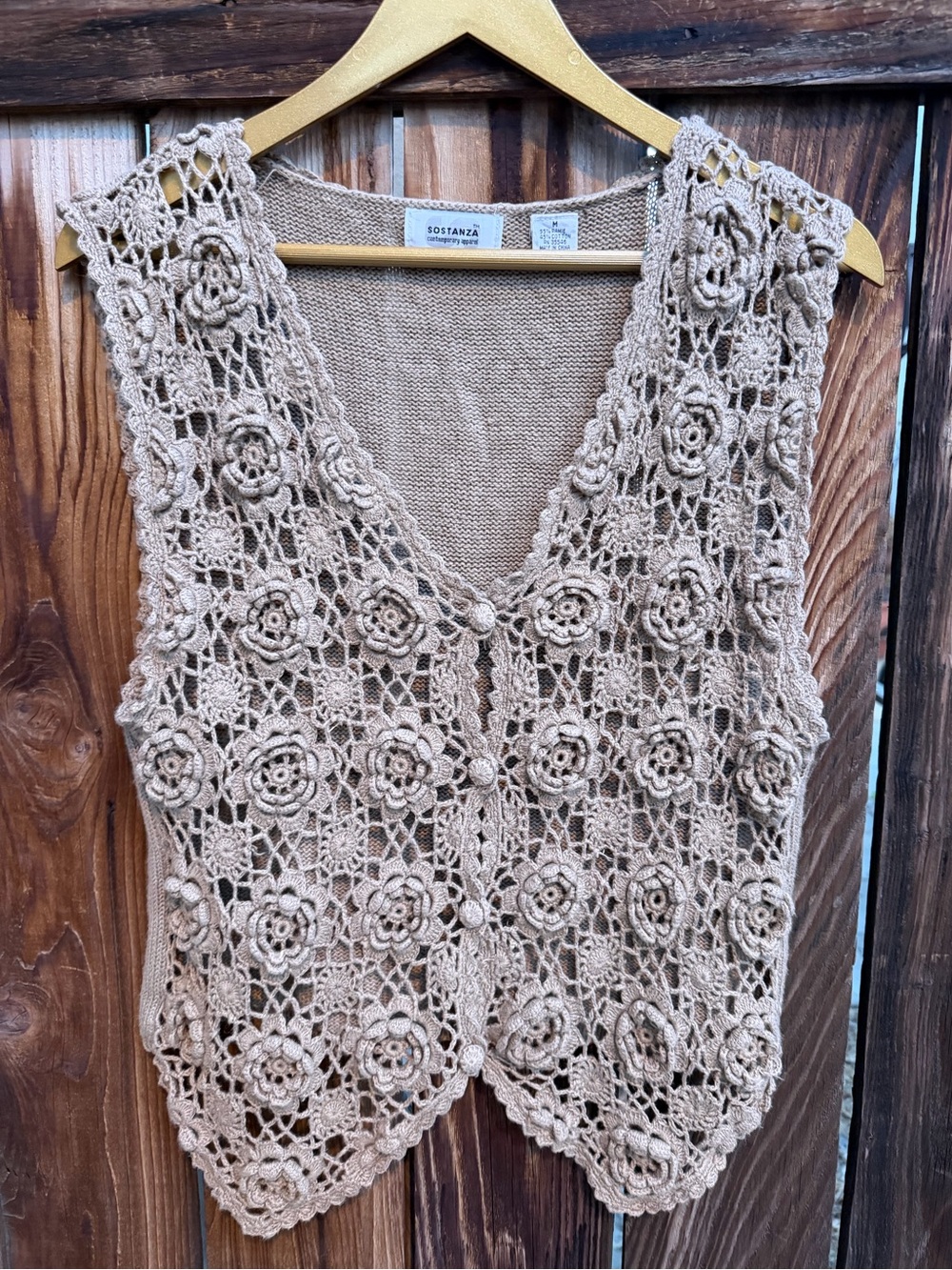 Sostanza Vintage Crochet Floral Open Knit Button Front Sweater Vest Beige Size:M